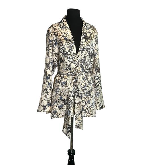 Forever 21 blue cream print long sleeves belted blazer coat size Medium - Picture 12 of 14
